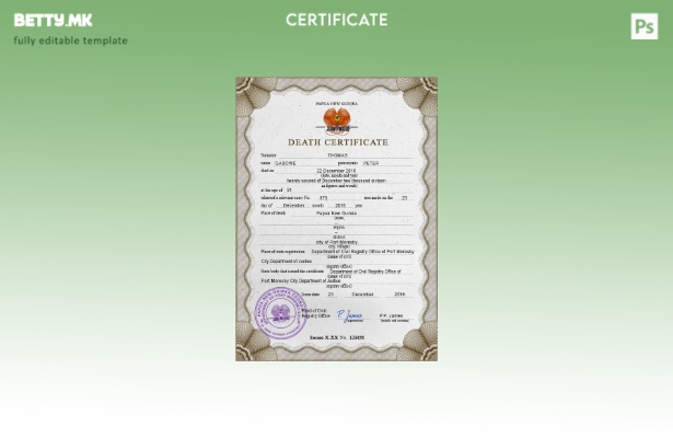 Модерен стил Шаблон за PSD сертификат за смрт на Папуа Нова Гвинеја